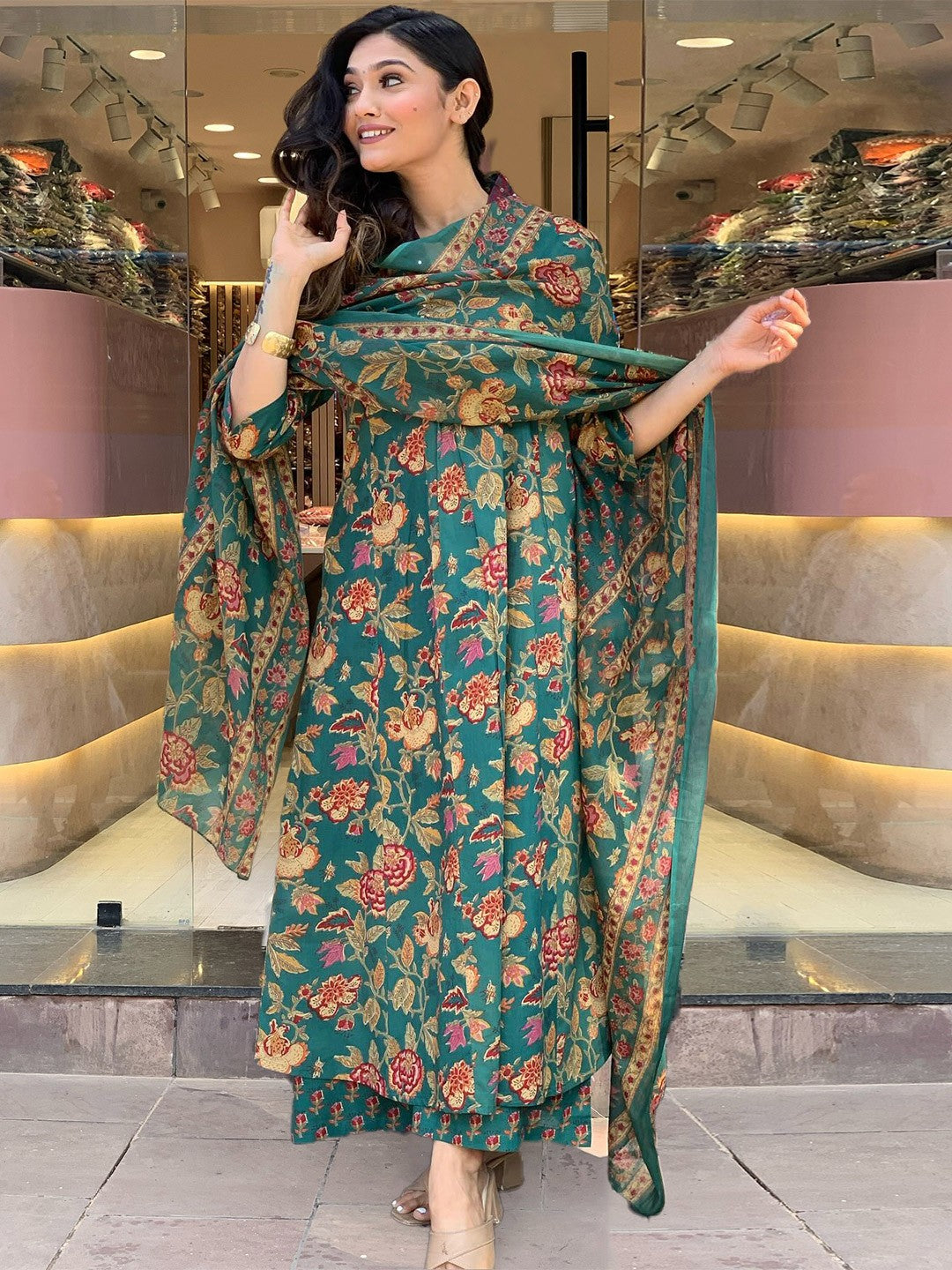 Women's Kurta Pant Dupatta Set Green