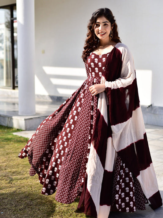 Women's Kurta Pant Dupatta Set Brown
