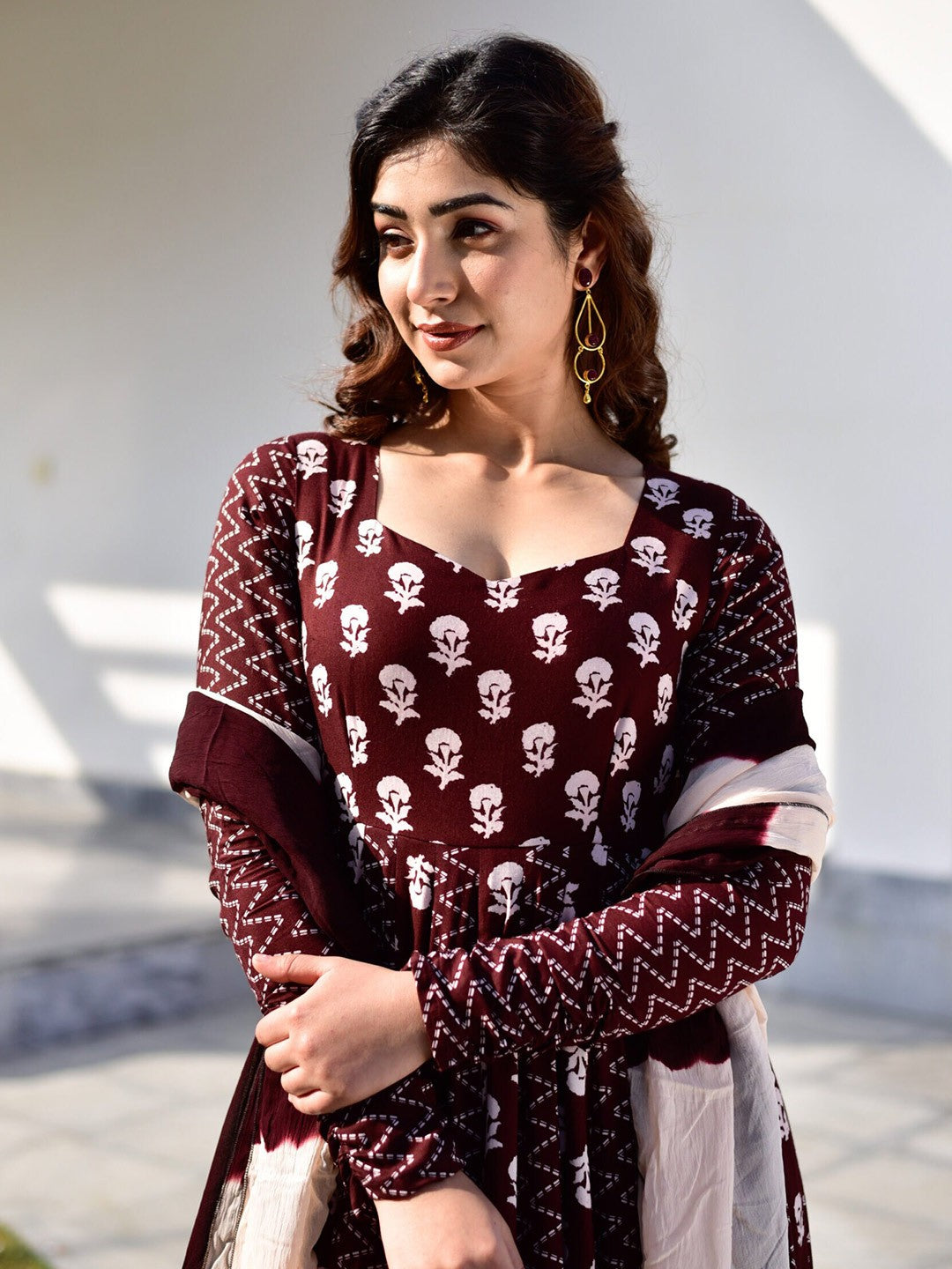 Women's Kurta Pant Dupatta Set Brown